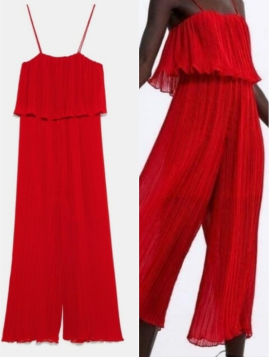 Zara Pants - ZARA Red Pleated Flowey Spaghetti Strap Cropped One-piece Jumper